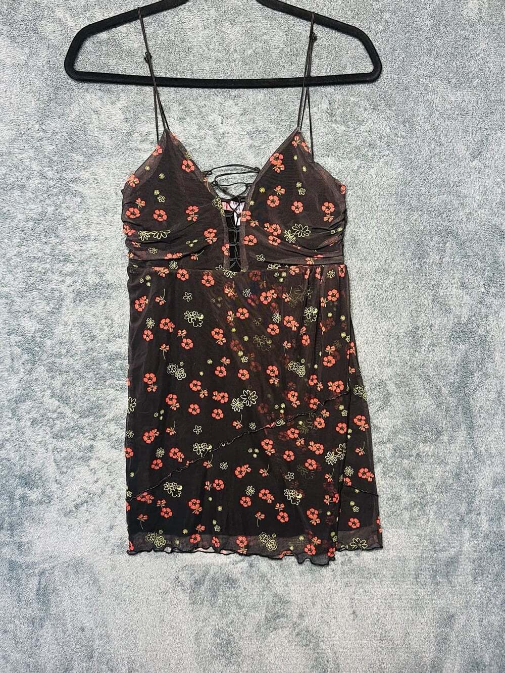 Urban Outfitters Floral Mesh Mini Dress Medium Black Lace Up Y2K